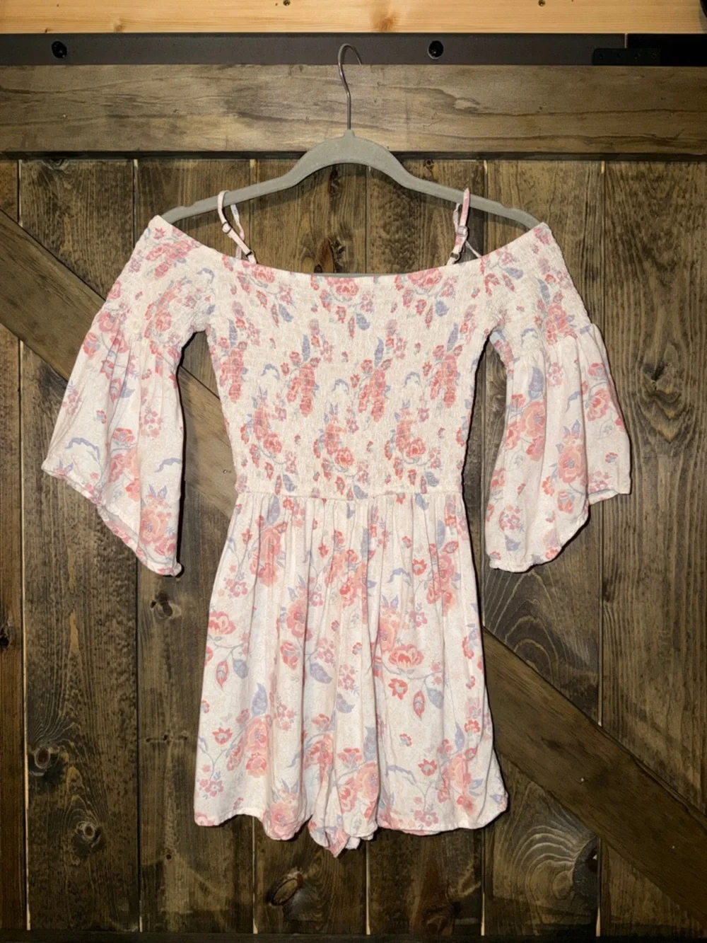 Hollister Cream Knit Romper with Pink & Blue Floral‎ Print